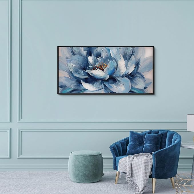 XLSJERST Flower Canvas Wall Art for Living Room - Large White Blue Flower Picture Print Painting Wall Decor Framed Artwork Ready to Hang for Home Bedroom Wall Decoration Size 20x40