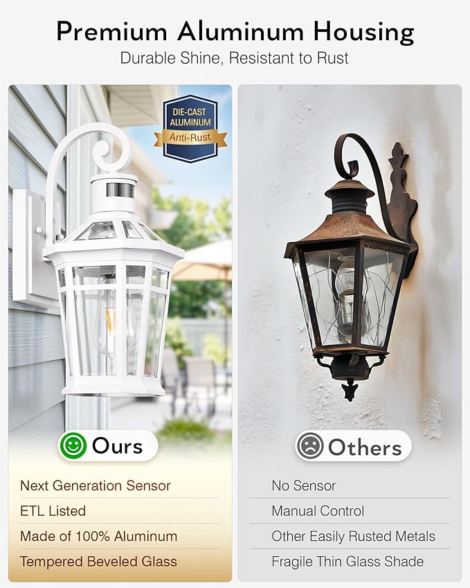 2 Pack Motion Sensor Outdoor Wall Lantern, White Outdoor Garage Lighting Fixtures Wall Mount, Waterproof Front Porch Lights with E26 Base, Exterior Sconce Light with Adjustable Sense Range