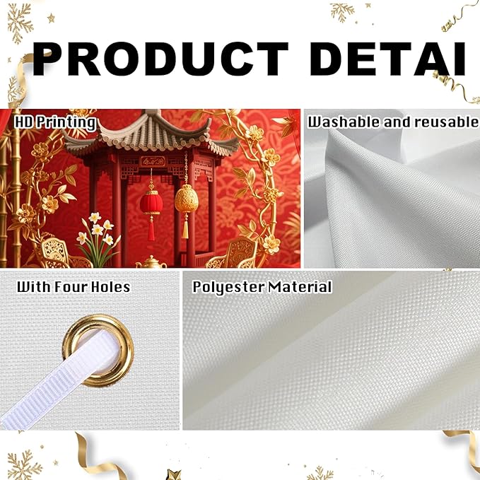 Nuxovilar Happy New Year Banner, Chinese Palace Red Gold Backdrop for Holiday Party Decorations, 71x43 Inch
