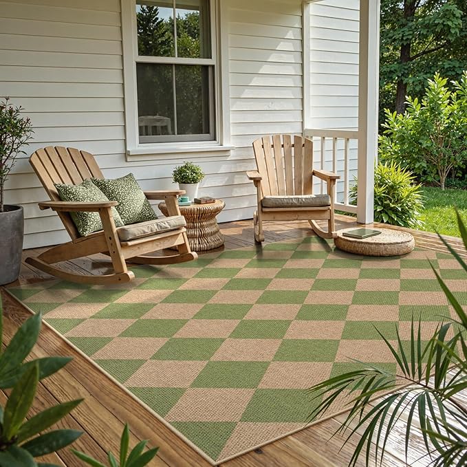 Lahome Checkered Washable Rugs 5x7, Green Area Rug Neutral Large Outdoor Patio Living Room Rug, Farmhouse Non Slip Non Shedding Floor Carpet for Courtyard Camping