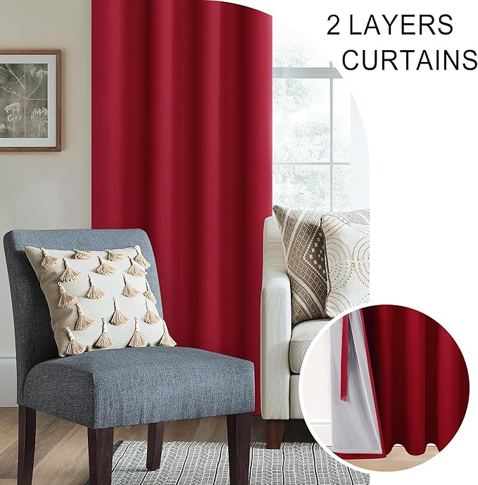 XWZO 100% Blackout Curtains - Extra Long Thermal Insulated Black Liner Curtains, Noise Reducing and Heat Blocking Drapes for Bedroom with Tiebacks, Christmas Red, W52 x L108, Set of 2