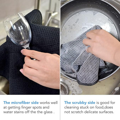 KinHwa Kitchen Washcloths for Dishes Absorbent Microfiber Dish Cloths Quick Dry Dish Rags with Poly Scour Scrub Side Ideal for Kitchen Cleaning (Black-B, 12inchx12inch 6 Pack)