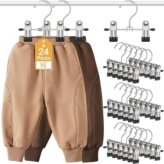 24 Pack Baby Hangers with Clips, 360°Rotatable Toddler Pant Hangers with Clips, Non-Slip Space Saving Kids Hanger for Newborn Children Clothes Skirts Boots Closet Organizers, Black