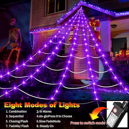 Halloween Decorations Outdoor, 200 LED Halloween Giant Spider Web Lights, 16.4Ft Lighted Spider Web Light up for Yard Haunted House Decor