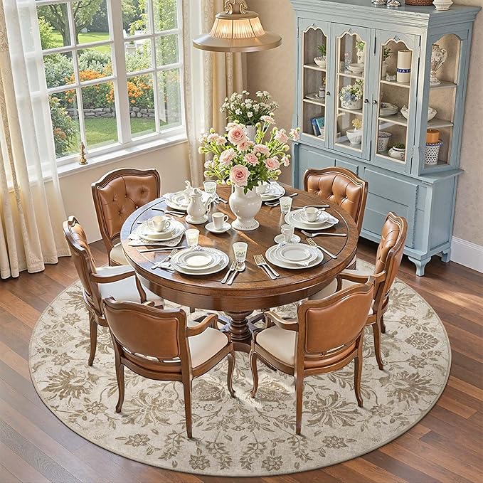 jinchan Classic Floral Round Rug 7ft, Vintage-Inspired Neutral Design 7’Circle Rug, Machine Washable Ultra-Thin Low-Pile Non-Slip Indoor Carpet for Bedroom Dining Room Living Room, Taupe