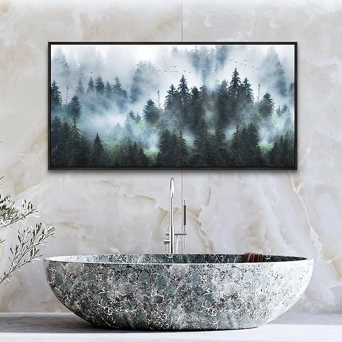 Wapluam Foggy Forest Landscape Canvas Wall Art - Black Framed Canvas Prints for Living Room, Office, Bedroom Wall Decor