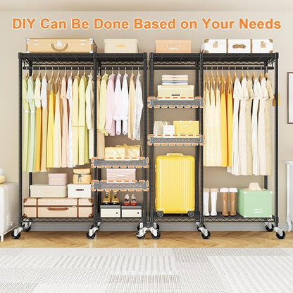 Ulif F4R Heavy Duty Clothes Rack（With Lockable Wheels ） Rolling Clothing Racks for Hanging Clothes，Adjustable Closet Organizer System，Portable Garment Rack 45"W x 15.8"D x 73.5"H，Max Load 650LBS，Black