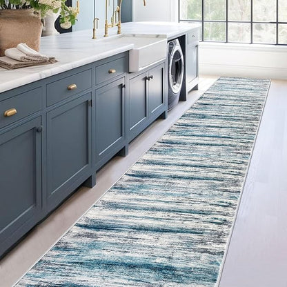 KOZYFLY Modern Abstract Hallway Runner Rug, 2.6x16 Washable Rug Runner Non-Slip Soft Striped Kitchen Runner Rugs, Print Blue Carpet Runner for Entryway Bathroom Laundry Room Foyer