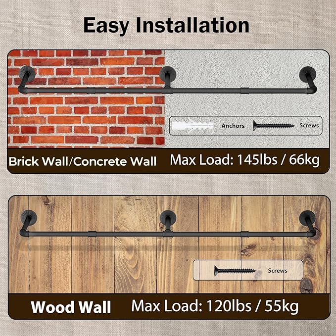 Wall Mounted Clothes Rack 72.5in, Industrial Pipe Clothing Racks Wall Mount, Heavy Duty Detachable Iron Garment Bar, Saving Space, Multi-Purpose Hanging Rod for Bedroom, Laundry Room, 1 Pack