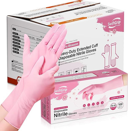 Disposable Nitrile Dishwashing Gloves, Extended 12 Inches Cuff, 6-mil, Cherry Blossom Cleaning Gloves, Latex-Free