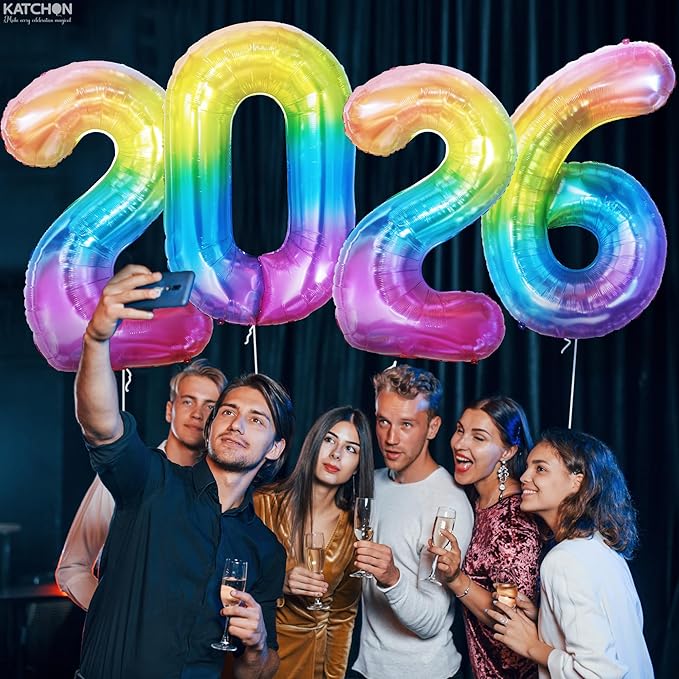 KatchOn, Large Rainbow 2026 Number Balloons - 42 Inch | 2026 Foil Balloons for New Years Decorations 2026 | Neon, Rainbow Balloon Numbers for Birthday Decorations | New Years Eve Party Supplies 2026