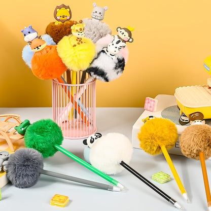 12 Pcs Pom Pom Pens with 3D Animals Fluffy Pen Cute Fun Kawaii Pens for Girl Colorful 3D Animals Shape Pompom Pen for Classroom Prizes Office Supplies