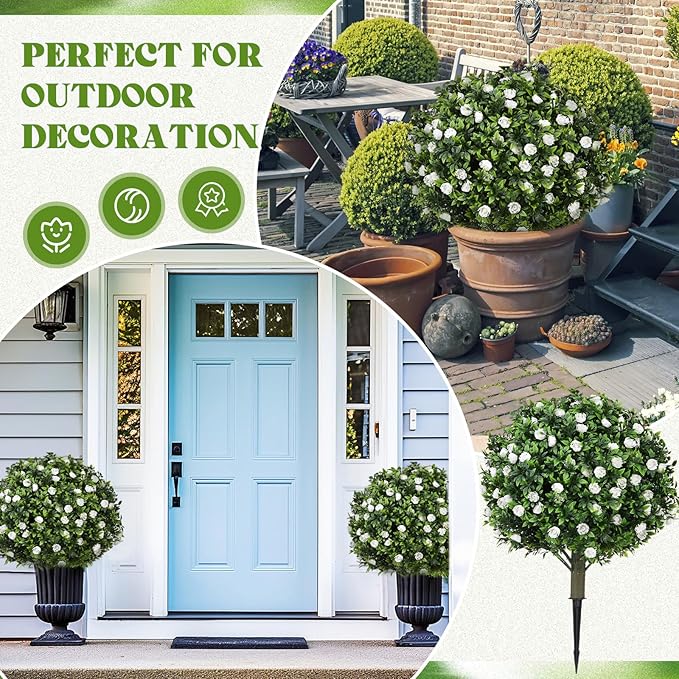 24 Artificial Topiary Ball Tree with Flower Set of 2,Outdoor Fake Topiary with Ground Spike,UV Resistant Faux Artificial Plant Bushes for Indoor Outdoor Front Porch Garden Decor(White)