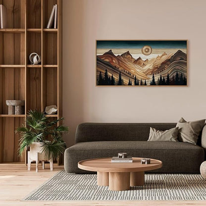 HLNIUC Large Mountain Wall Art, Tree Ring Wood Nature 40"x20" Framed Wall Decor, Rustic Desert Canvas Painting, Brown Abstract Landscape Art Print for Living Room, Bedroom, Office