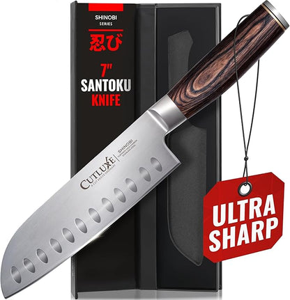 Santoku Knife – Ultra Sharp 7 Inch Meat and Vegetable Japanese Knife for Chopping, High Carbon Stainless Steel Blade, Full Tang Pakkawood Handle – Shinobi Series