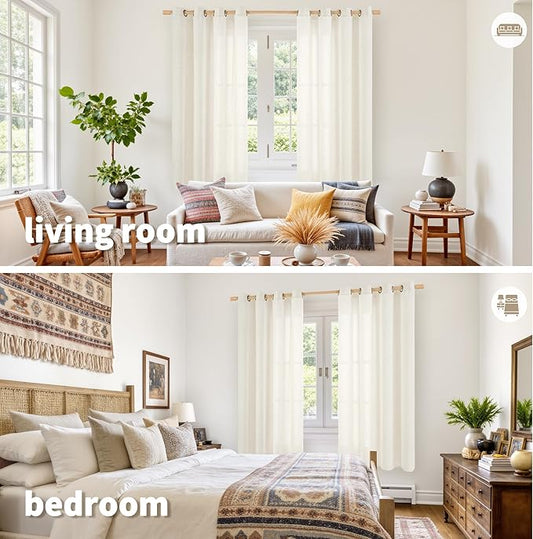 YoungsTex Ivory Linen Curtains 63 Inch Length for Living Room Window, Light Filtering Drapes Rustic Semi Sheer with Bronze Grommet Privacy for Bedroom Farmhouse Decorative, 52 x 63 Inch, 2 Panels