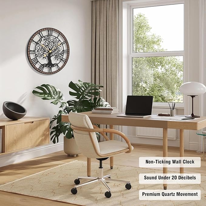 Micasso Non-Ticking Large Wall Clock: 27Inch Tree of Life Metal Black with Solid Wood Frame - Battery Operated Silent Clock for Living Room/Office/Bedroom/Kitchen - Home Decor for Porfessional