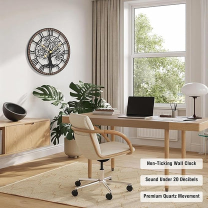 Micasso Non-Ticking Large Wall Clock: 27Inch Tree of Life Metal Black with Solid Wood Frame - Battery Operated Silent Clock for Living Room/Office/Bedroom/Kitchen - Home Decor for Porfessional
