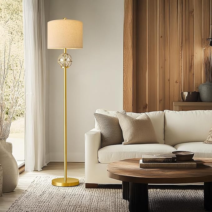 Oneach 61.5” Modern Floor Lamp for Living Room, Gold Boho Standing Lamp with Rattan Glass Design, Rotary Switch, Farmhouse Tall Lamps for Bedroom Office Dining Room (Without Bulb)