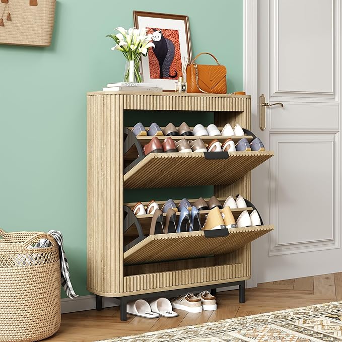Shoe Cabinet with 2 Flip Drawers, Arc Narrow Wood Shoe Storage Cabinet with Fluted Panel and Metal Legs, Freestanding Wood Hidden Shoe Rack Cabinet for Foyer, Hallway, Nature
