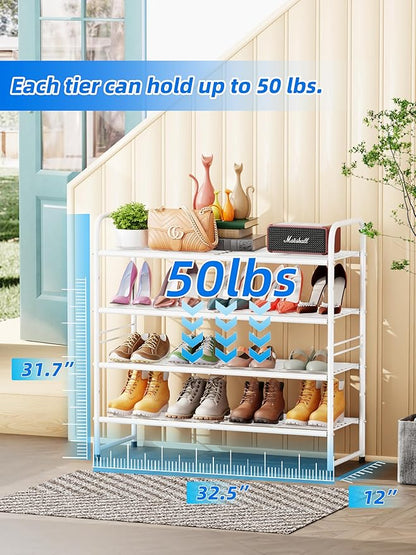 SUFAUY 33" Wide Shoe Rack, 4-Tier Shoe Storage Rack for 20-25 Pairs of Shoes, Shoe Organizer for Entryway, Stackable, Heavy Duty, Steel Frame, Industrial, White