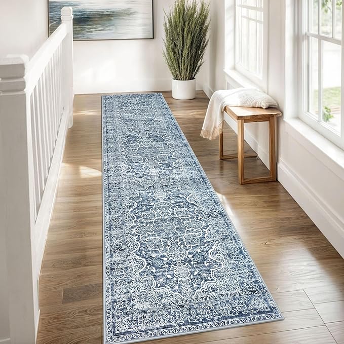 KUTA Vintage Floral Washable Runner Rug, 2x8 Blue White Runners for Hallways Non-Slip Kitchen Rugs Ultra Soft Printed Distressed Tribal Floor Carpet for Bedroom Living Room Nursery Playroom