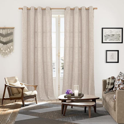 YoungsTex Extre Long Linen Curtains 102 Inch Long for Living Room Linen Textured with Bronze Grommet Burlap Drapes Light Filtering, Natural, 2 Panel, 52 X 102 Inch