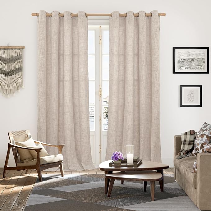 YoungsTex Natural Linen Curtains 90 Inch Length Living Room Light Filtering Window Curtain Drapes with Bronze Grommet for Bedroom Farmhouse Floor Length, 2 Panels, 52 X 90 Inch