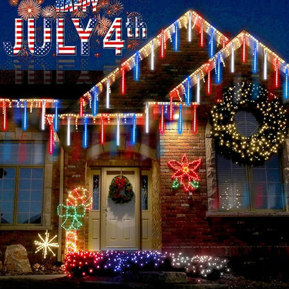 2-Pack Christmas Decorations Lights Outdoor, Total 432LED Meteor Shower Light with Timer, 30cm 18 Tubes Indoor Outdoor Snow Cascading String Light for Xmas Tree Party Garden Decor (Red White and Blue)