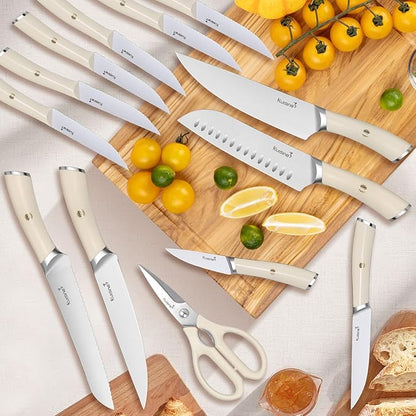 Kuisine Chef Knife Set,High Carbon Stainless Steel Block Knife Set,Knife Block Set with Built-in Sharpener,Sharp Knife Set Forged,Elegant Gift(Ivory,15pcs）