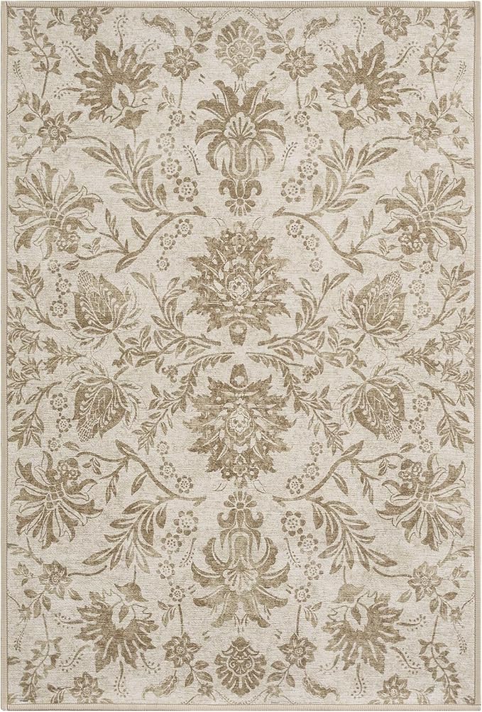 jinchan 2x3 Washable Rugs for Entryway, Vintage-Inspired Floral Neutral Design Non-Slip Low-Pile Doormat, Ultra-Thin Indoor Traditional Accent Carpet for Entrance Kitchen Bathroom Bedroom, Taupe