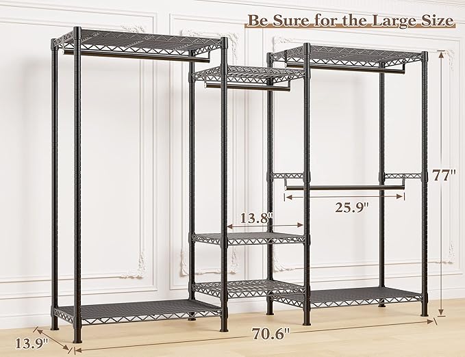 Raybee Clothes Rack Heavy Duty Clothing Racks for Hanging Clothes Adjustable Hanging Clothes Rack Garment Rack, Black, 13.9" D x 70.6" W x 77" H