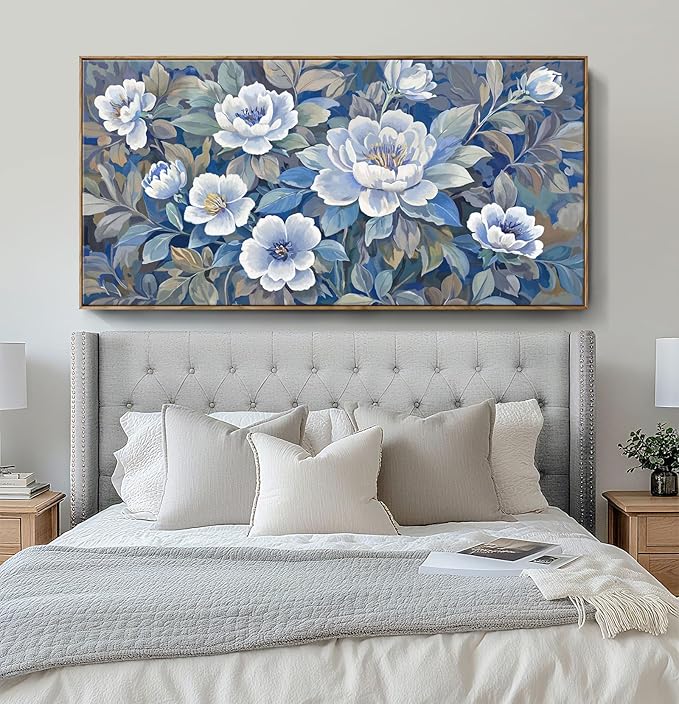 ARTZON Framed Extra Large Canvas Wall Art Blue Floral Peony Blossom Picture Botanical Flower Prints Oversized Horizontal Art work for Wall Decor Home Above Bed Dining Room Living Room Hallway 58"x29"