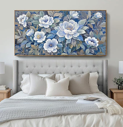 ARTZON Framed Extra Large Canvas Wall Art Blue Floral Peony Blossom Picture Botanical Flower Prints Oversized Horizontal Art work for Wall Decor Home Above Bed Dining Room Living Room Hallway 58"x29"