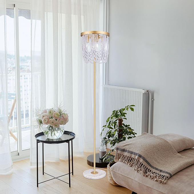 Wellmet Gold Floor Lamp for Living Room, Boho Floor Lamp with White Wood Beads for Bedroom, Unique Round Decorative Floor Lamps Lighting Fixture 60'' Sofa Bedside Standing Corner Lamp