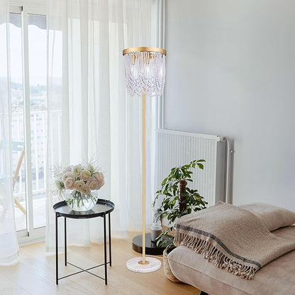 Wellmet Gold Floor Lamp for Living Room, Boho Floor Lamp with White Wood Beads for Bedroom, Unique Round Decorative Floor Lamps Lighting Fixture 60'' Sofa Bedside Standing Corner Lamp