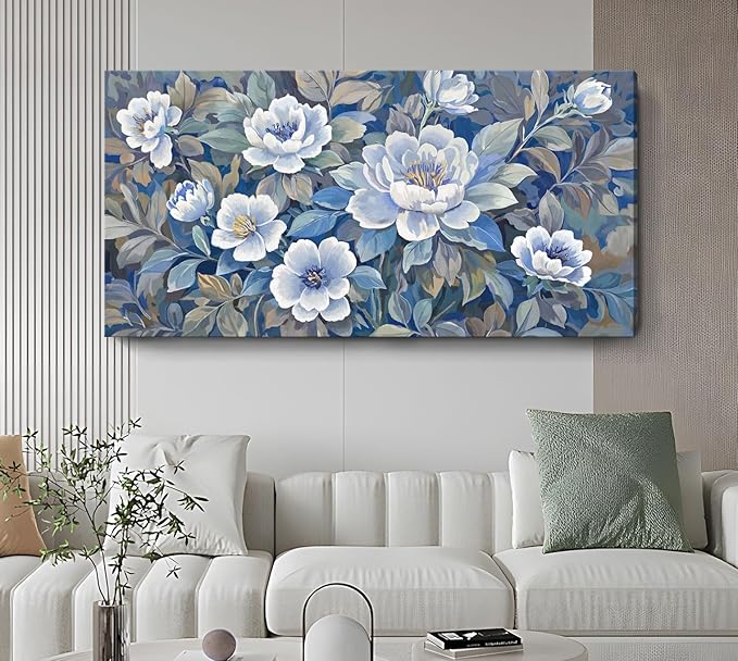 ARTZON Oversized Wall Art Flower Pictures Wall Decor – Blue and White Peony Blossom Extra Large Canvas Prints Vibrant Botanical Nature Artwork for Living Room Women Bedroom Dining Room 58x29 Inch