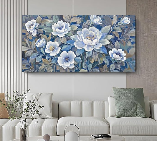 ARTZON Oversized Wall Art Flower Pictures Wall Decor – Blue and White Peony Blossom Extra Large Canvas Prints Vibrant Botanical Nature Artwork for Living Room Women Bedroom Dining Room 58x29 Inch