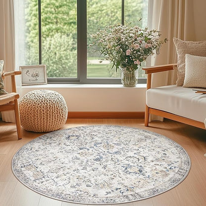 jinchan Round Rug 4ft Area Rug Washable Vintage Indoor Retro Accent Entryway Floor Cover Distressed Floral 4' Round Circle Boho Non Slip Thin Carpet for Kitchen Bedroom Living Room Dining Room Blue
