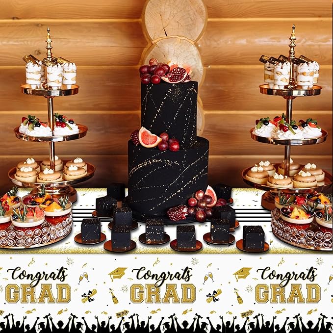 chiazllta Set of 3 Graduation Tablecloths Class of 2024 Congrats Grad Purple Graduation Party Tablecover Decorations Party Supplies Large Size Plastic 54"x109"(White & Gold)