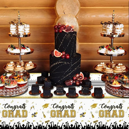 chiazllta Set of 3 Graduation Tablecloths Class of 2024 Congrats Grad Purple Graduation Party Tablecover Decorations Party Supplies Large Size Plastic 54"x109"(White & Gold)
