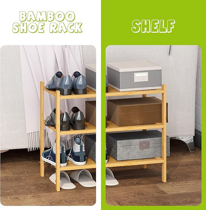 BMOSU 3-Tier Bamboo Small Shoe Rack Premium Stackable Shoe Shelf Storage Organizer for Hallway Closet Living Room Entryway Organizer(Natural)