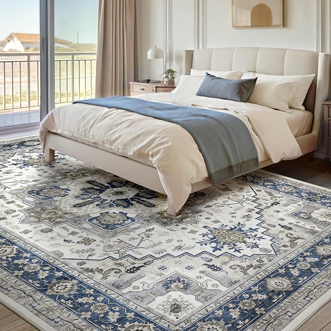 Area Rugs for Living Room 10x14 - Extra Large Machine Washable Vintage Oriental Soft Rug, Low Pile Thin Carpet with Non Slip Backing for Bedroom, Dorm, Dining Room, Indoor House, Office