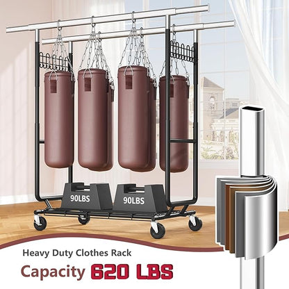 Hoctieon 2-Minute Assembly Double Rod Clothes Rack, Heavy Duty Rolling Clothing Racks with Wheels, Foldable Commercial Garment Rack, Extendable Hanging Bar, Adjustable Metal Pole with Hooks, Black
