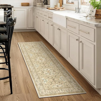 Boho Hallway Runner 2x6, Low Pile Thin Entryway Runner 6ft, Kitchen Runner Rugs Non Skid Washable for Laundry Room Bedside Bathroom, Floral Moroccan Pattern Warm Beige with Opal Colors