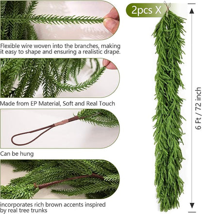 Christmas Garland 2Pcs 6ft Winter Artificial Norfolk Pine Garlands Real Touch Faux Greenery Garland for Table, Mantle, Wall, Indoor, Outdoor Christmas Decorations