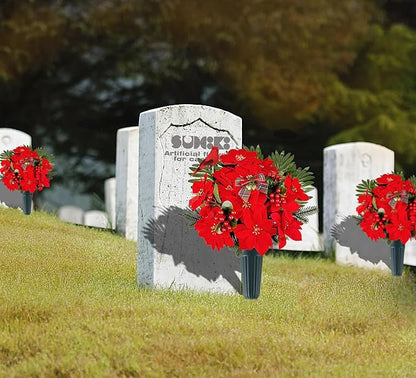 Christmas Cemetery Flowers for Grave Decoration， Christmas Red Poinsettias Berry Bouquet with Cemetery Ground Vase,2 Butterflies Including