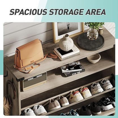Vabches Shoe Storage Cabinet with 2 Flip Drawers,Freestanding Narrow Shoe Organizer with Open Storage,Hidden Slim Shoe Rack Cabinet for Entryway,Grey (2 Pack)
