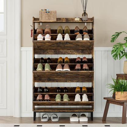 Shoe Cabinet with 3 Flip Drawers Narrow Shoe Storage Cabinet Organizer Wooden Freestanding Shoe Rack Hidden Slim Shoes Storage Cabinet for Entryway, Hallway, Living Room, Bedroom