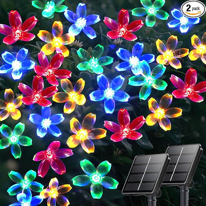 2PK 80LED 50FT Flower Solar String Lights Outdoor Waterproof, Cherry Blossoms Multicolor Lights with 8 Lighting Modes, Garden Decor for Outside, Pathway Light for Fence, Patio, Yard